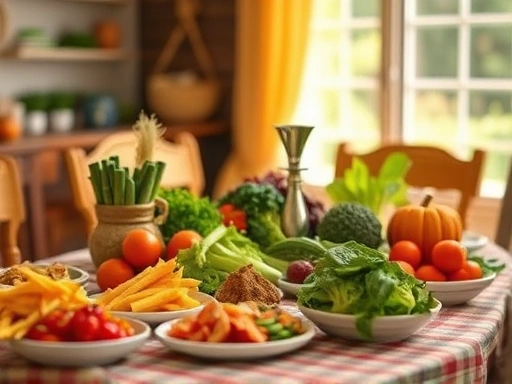 식탁에 차려진 다채로운 음식, 밝은 분위기