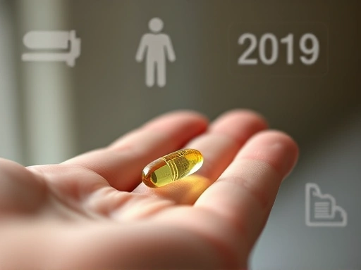 영양제 알약 클로즈업, 손 위에 놓여진 알약과 건강 관련 기호 강조, 깨끗하고 밝은 조명으로 신뢰감과 안정감을 표현