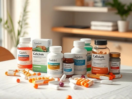 다채로운 색상의 여러 영양제 병들이 놓인 테이블 위에서, 특히 칼슘과 마그네슘 보충제가 돋보이며 서로 얽힌 듯한 상징적인 배치로 영양소 간의 복잡한 상호작용을 시각적으로 표현합니다.