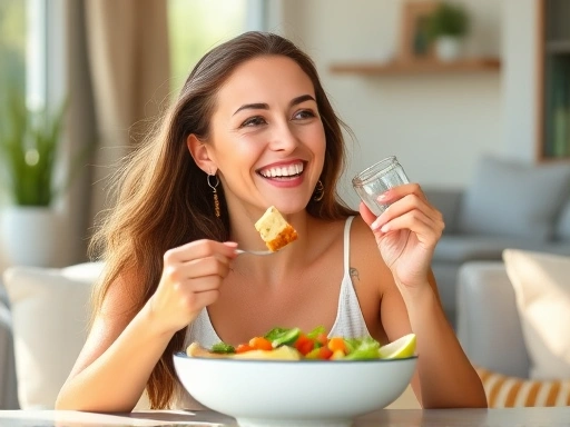 밝고 건강한 여성이 영양가 있는 식사를 즐기며 활력을 되찾는 모습
