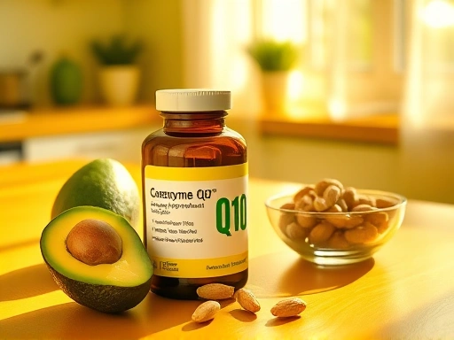 아침 햇살이 비추는 주방 테이블에 놓인 코엔자임Q10 영양제 병과 신선한 아보카도, 견과류가 담긴 작은 그릇이 함께 있는 정물 사진.