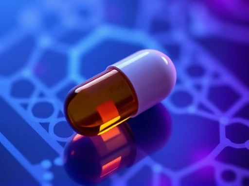 근접 촬영된 코엔자임Q10 캡슐과 함께, 세포의 미토콘드리아 구조를 상징하는 희미한 배경 이미지