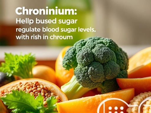 혈당 조절을 돕는 크롬의 기능과 브로콜리, 통곡물 등 크롬이 풍부한 음식들을 강조하는 이미지