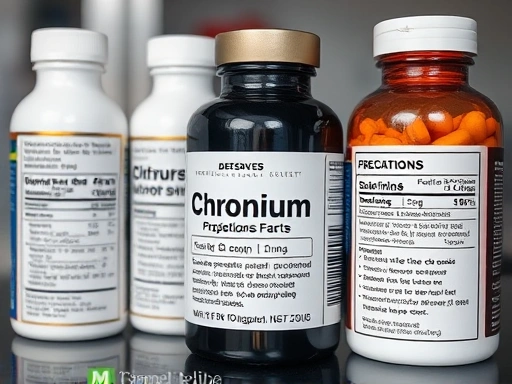 크롬 보충제의 다양한 형태와 섭취 방법, 주의사항을 보여주는 클로즈업 이미지