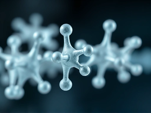 접사, 정밀한 초점, 키토산 분자 구조를 보여주는 추상적이고 스타일화된 렌더링, 과학적 엄격함과 전문성을 전달합니다.