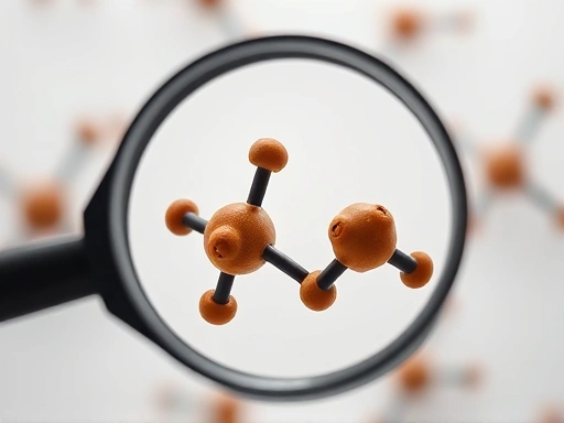 타우린과 카페인을 비교하는 블로그 게시물의 세부/클로즈업 설명을 담은 상징적 요소로, 돋보기로 타우린과 카페인 분자를 확대하여 촬영 스타일은 매크로 렌즈를 사용하여 세부 사항을 강조하고, 조명은 분자 구조를 명확하게 보여주는 데 중점을 두어 감정적 맥락은 과학적 탐구와 명확성을 강조합니다.