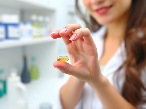 실험실 환경에서 흰 강낭콩 추출물이 든 캡슐을 들고 있는 여성의 손을 보여주는 이미지