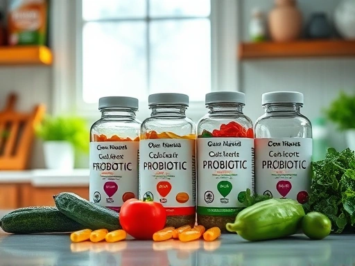 다양한 종류의 프로바이오틱스 캡슐이 돋보이는 유리병과 그 옆에 놓인 신선한 채소들.