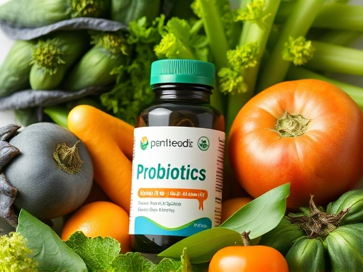 건강한 장을 연상시키는 녹색 채소와 과일에 둘러싸인 프로바이오틱스 병을 클로즈업하여 촬영한 이미지