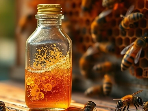 벌집 근처에서 반짝이는 갈색 프로폴리스 원료가 투명한 유리병에 담겨 있고, 뒤로는 벌과 벌집이 은은하게 보이는 클로즈업 사진.