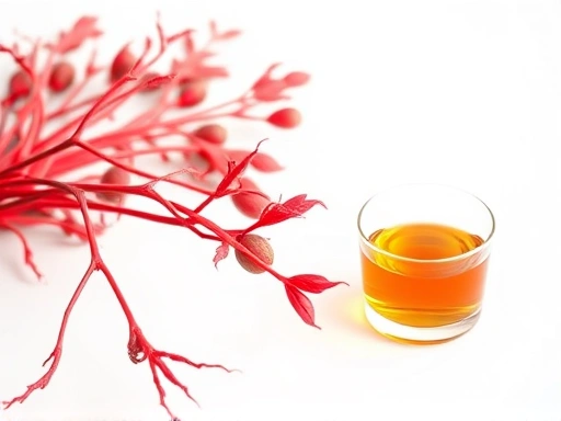 붉은색을 띠는 뿌리 형태의 홍삼이 깔끔한 흰색 배경 위에 놓여 있고, 옆에는 홍삼액이 담긴 작은 유리잔이 함께 있는 클로즈업 사진.