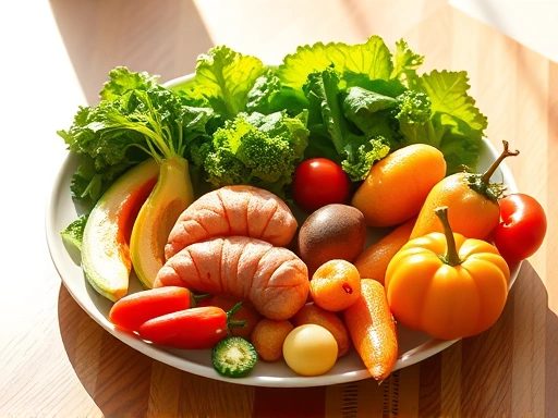 건강한 장을 상징하는 싱그러운 녹색 채소와 신선한 과일이 가득 담긴 접시, 밝고 따뜻한 자연광 아래에서 촬영하여 건강하고 활기찬 분위기