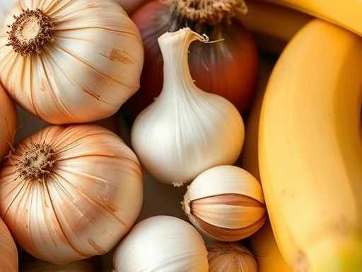 프리바이오틱스가 풍부한 식품인 양파, 마늘, 바나나를 클로즈업하여 촬영, 부드러운 조명을 사용하여 식재료의 질감과 디테일을 강조하고 영양 가득한 느낌을 전달합니다.