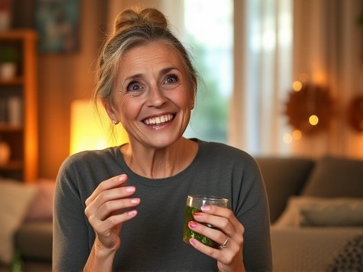 피로한 여성이 활력 보충제를 섭취하며 에너지를 얻는 모습