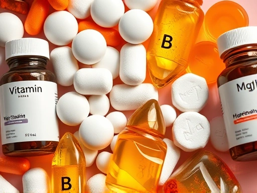 다양한 비타민 B군과 마그네슘 보충제가 클로즈업된 모습
