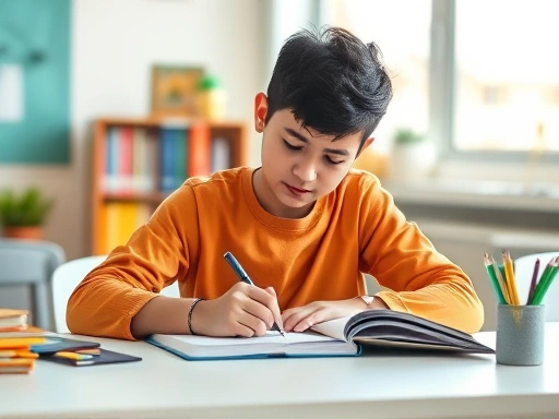 책상 앞에 앉아 공부하는 학생의 모습