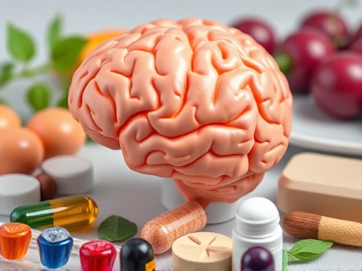 뇌 모형과 영양제를 클로즈업한 이미지