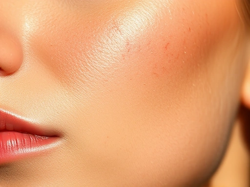 햇빛 아래 손상된 피부를 클로즈업하여 보여주며, 부드러운 자연광과 따뜻한 색조를 사용하여 피부의 섬세한 질감을 강조하고, 건강 회복에 대한 희망적인 분위기