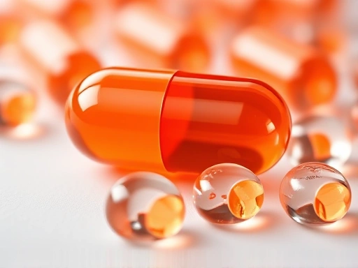 항산화 성분이 풍부한 비타민 C 보충제 캡슐을 확대 촬영하여, 선명한 디테일과 밝은 조명을 통해 제품의 신뢰성과 피부 개선 효과에 대한 기대감을 높입니다.