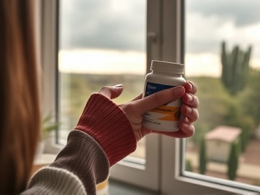 따뜻한 색감의 실내, 창밖으로 보이는 흐린 날씨, 영양제를 들고 있는 여성의 손을 클로즈업하여 환절기 면역력 관리를 위한 따뜻하고 개인적인 관심을 표현하는 이미지