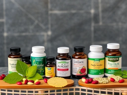 다양한 영양제 병들이 정돈되어 놓여 있는 모습