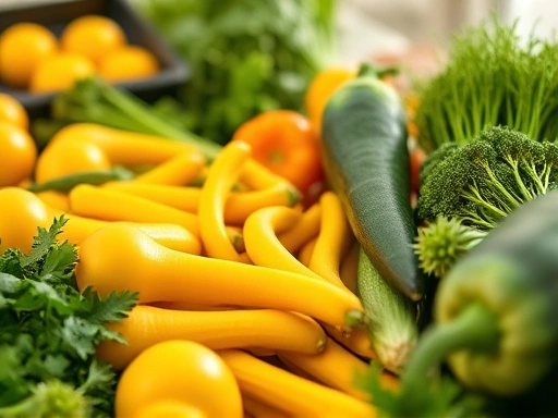 노란색과 녹색 야채가 풍부한 식탁, 신선하고 건강한 느낌을 주는 클로즈업 샷, 따뜻한 조명과 활기찬 색상으로 건강한 식습관을 강조하는 이미지