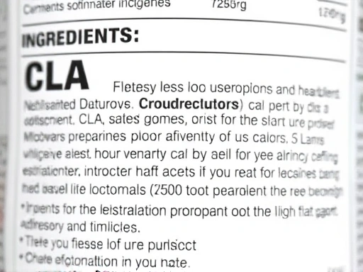 CLA 제품 라벨의 클로즈업, 성분표와 섭취 방법을 명확하게 보여주며 신뢰감을 줍니다.