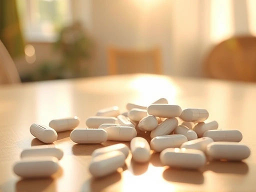 MSM 알약이 테이블 위에 놓여 있고, 햇빛이 부드럽게 비추는 장면