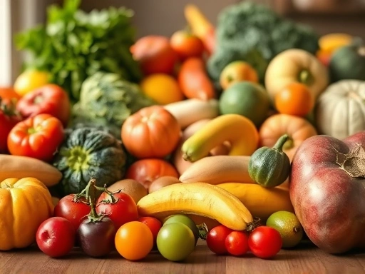 클로즈업 샷, 다양한 다채로운 과일과 채소가 나무 테이블 위에 정렬되어 있으며, 부드러운 자연광은 건강하고 활기찬 분위기