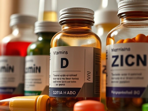 섬세한 클로즈업 샷, 비타민 C, D, 아연을 강조한 다양한 영양 보충제가 유리병에 들어 있으며, 따뜻한 조명이 디테일을 부각하고 건강에 대한 관심을 불러일으킵니다.