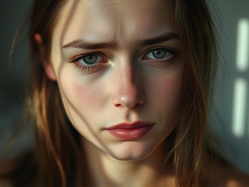 여성이 옅은 햇빛 아래에서 창백한 얼굴로 피로한 표정을 짓고 있으며, 부드러운 초점과 따뜻한 색조를 사용하여 섬세하고 지친 감정을 강조합니다.