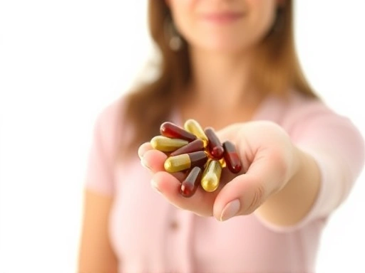 여성이 철분 보충제 캡슐을 손에 들고 있으며, 깨끗하고 밝은 배경과 클로즈업된 촬영을 통해 건강 및 웰빙에 대한 중요성을 강조합니다.