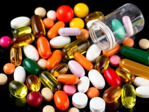 다양한 영양제 알약과 캡슐을 정렬하여 보여주는 이미지