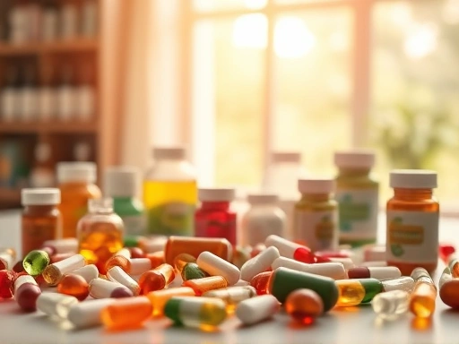 다양한 관절 영양제 캡슐과 알약이 정돈되어 놓여 있으며, 따뜻한 자연광이 비추고 있어 건강하고 편안한 느낌을 줍니다.