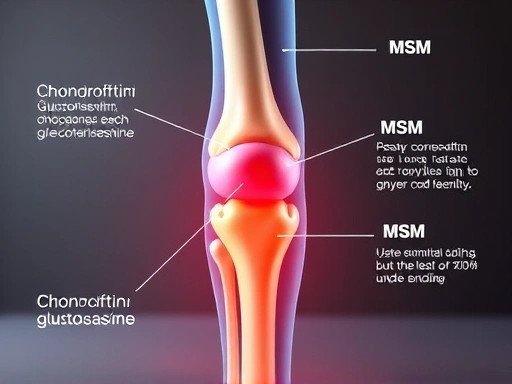 관절 모형을 중심으로 주요 영양 성분인 콘드로이틴, 글루코사민, MSM이 강조되어 있으며, 밝은 조명 아래에서 각 성분의 효능을 시각적으로 연결하여 이해를 돕습니다.