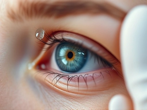 인공 눈물 방울이 눈에 떨어지는 모습