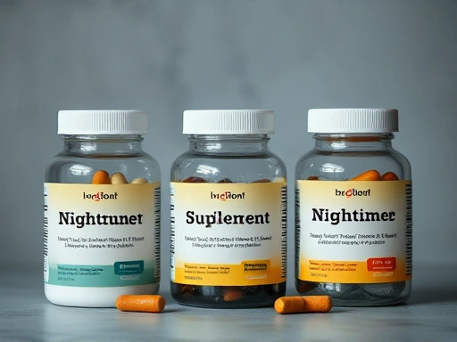 세 가지 유형의 야간 음식 보충제를 보여주는 표 클로즈업, 차분한 시원한 색조 및 톤, 평면 조명