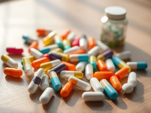 다양한 알약과 캡슐이 테이블 위에 놓여 있으며, 부드러운 자연광이 건강과 웰빙의 느낌을 강조하는 이미지