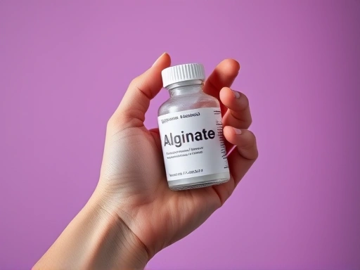 알긴산 보충제를 들고 있는 손의 클로즈업 샷으로, 차분한 색상과 정적인 구도가 안정감과 신뢰감을 주는 이미지