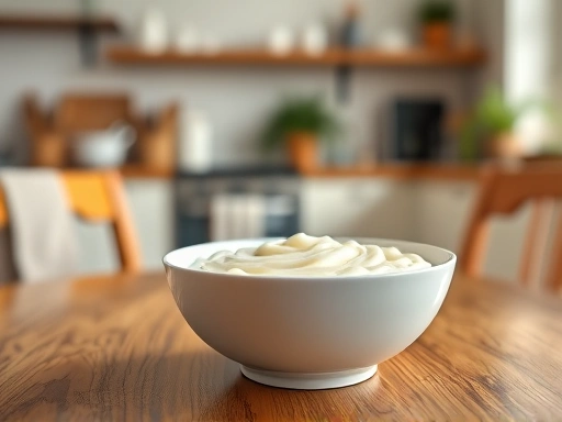 밝은 햇살이 비치는 주방에서, 흰 죽 한 그릇이 놓인 식탁을 클로즈업하여 촬영한 이미지