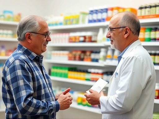 약사가 환자에게 프로바이오틱스 제품을 설명하는 장면