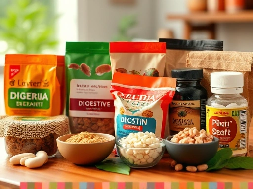 다양한 소화 보조제를 보여주는 테이블 클로즈업 샷, 따뜻한 색상과 부드러운 조명으로 편안하고 건강한 분위기