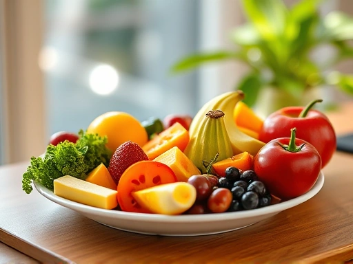 엄마의 건강한 식단을 상징하는 신선한 과일과 채소가 담긴 접시, 밝고 활기찬 조명을 사용하여 건강하고 긍정적인 분위기