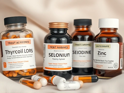 갑상선 기능과 관련된 보충제 (요오드, 셀레늄, 아연) 클로즈업, 섬세한 질감 표현과 은은한 조명으로 신뢰감과 안정감을 강조