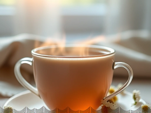 클로즈업된 카모마일 차 한 잔, 따뜻한 김이 피어오르고 있으며, 은은한 조명 아래 편안하고 안정된 분위기
