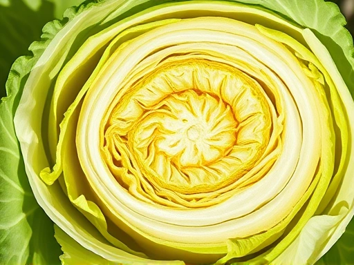 신선한 양배추가 반으로 잘린 단면을 보여주는 클로즈업 샷, 밝은 자연광 아래 싱그러운 녹색 잎이 건강하고 신선한 느낌을 강조합니다.