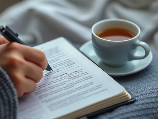 개인의 손이 일기장에 감정을 기록하거나, 조용히 혼자 차를 마시며 휴식하는 클로즈업 장면