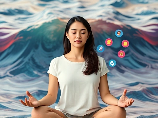 다채로운 색상의 파도가 일렁이는 추상적인 배경 위에, 한 여성이 차분하게 명상하며 감정의 균형을 찾아가는 모습
