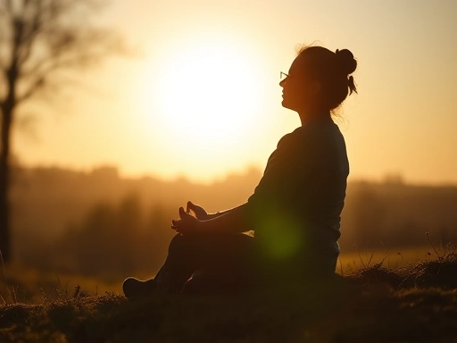 따뜻한 햇살 아래 편안히 앉아 명상하는 사람의 실루엣, 부드러운 빛이 강조되며 평온한 느낌을 주는 장면