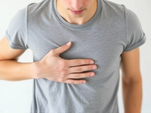 배에 손을 얹고 천천히 숨을 들이쉬고 내쉬는 복식 호흡 훈련을 하는 사람의 상반신 클로즈업.